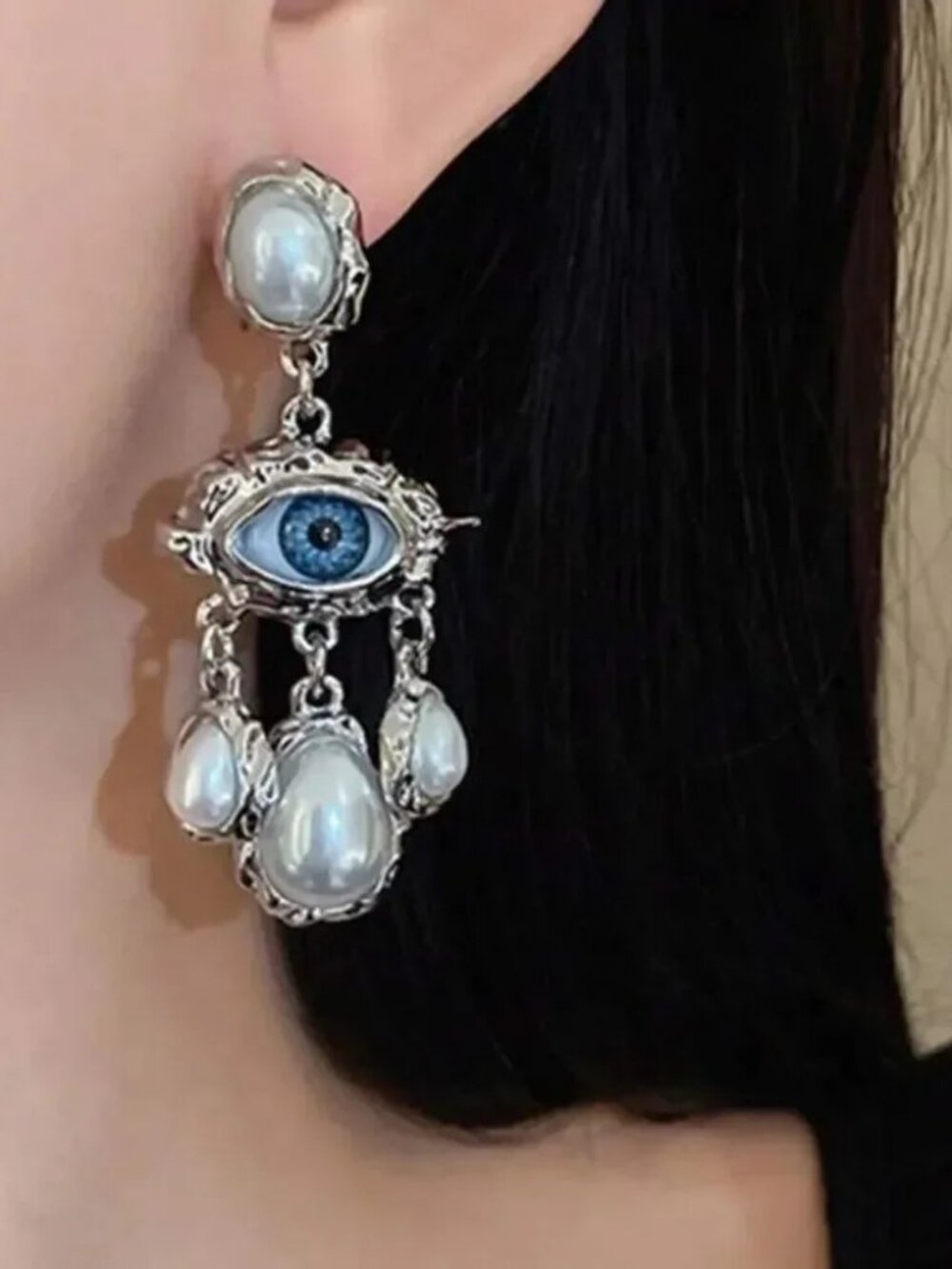 Silver and Blue Eye Drop Earrings R315